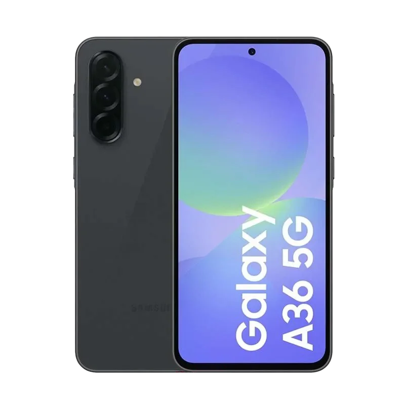 Gallery - The image clearly shows the Samsung Galaxy A36 5G (front and back views) on a clean cutout backgroun