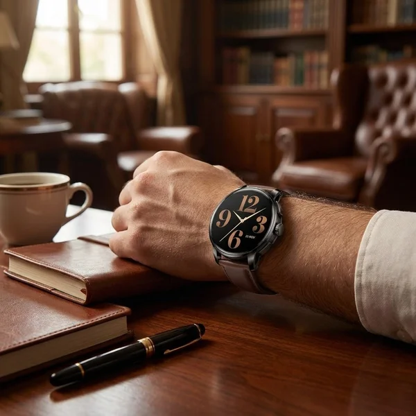 Description (after_intro) - The image shows a smartwatch being worn in a professional/lifestyle setting (off