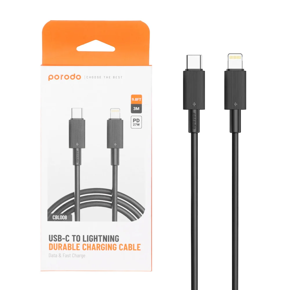 کابل شارژ PD و فست Porodo Type-C to Lightning 27W مدل PD-CBL0008-BK 